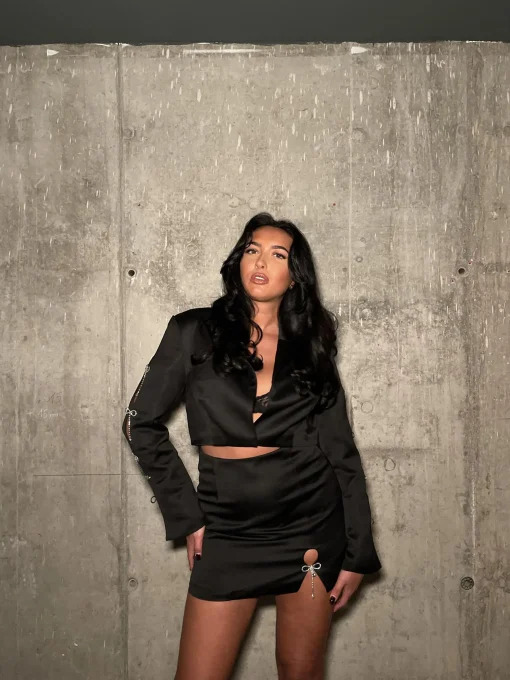 Glamorous Satin Skirts|Mini Skirts|Black-Satin Diamante-Bow Mini-Skirt -