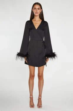 Glamorous Graduation|Go To Partywear|Black-Satin Feather Trim Wrap Mini-Dress -