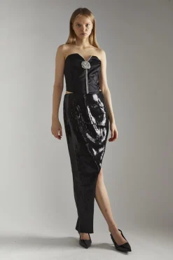 Glamorous Going Out Tops|Glamorous Studio|Black-Satin Rhinestone-Flower Strapless Top -
