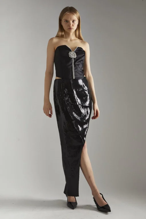 Glamorous Going Out Tops|Glamorous Studio|Black-Satin Rhinestone-Flower Strapless Top -