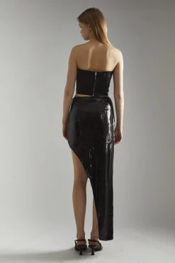 Glamorous Going Out Tops|Glamorous Studio|Black-Satin Rhinestone-Flower Strapless Top -