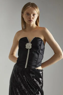 Glamorous Going Out Tops|Glamorous Studio|Black-Satin Rhinestone-Flower Strapless Top -