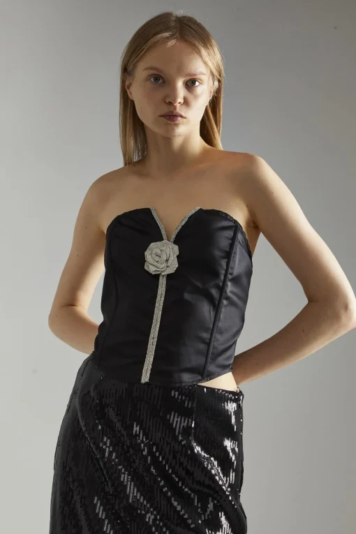 Glamorous Going Out Tops|Glamorous Studio|Black-Satin Rhinestone-Flower Strapless Top -