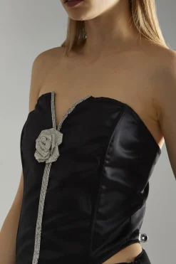 Glamorous Going Out Tops|Glamorous Studio|Black-Satin Rhinestone-Flower Strapless Top -