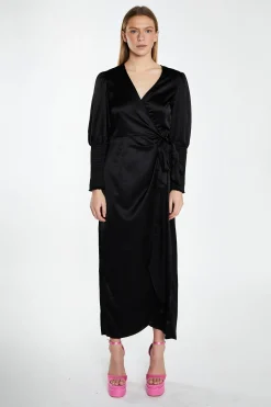 Glamorous Go To Partywear|Satin Dresses|Black-Satin Shirred Cuff Wrap Maxi-Dress -