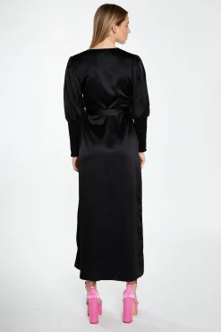 Glamorous Go To Partywear|Satin Dresses|Black-Satin Shirred Cuff Wrap Maxi-Dress -