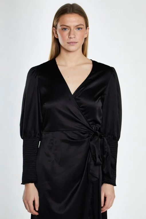 Glamorous Go To Partywear|Satin Dresses|Black-Satin Shirred Cuff Wrap Maxi-Dress -