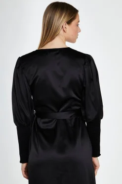 Glamorous Go To Partywear|Satin Dresses|Black-Satin Shirred Cuff Wrap Maxi-Dress -