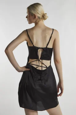 Glamorous Day Dresses|Party Dresses|Black-Satin Tie-Back Mini-Dress -