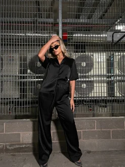 Glamorous Workwear|Jet Setter|Black-Satin Wide Leg High Waisted-Trousers -