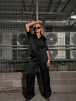 Glamorous Workwear|Jet Setter|Black-Satin Wide Leg High Waisted-Trousers -