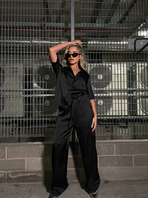 Glamorous Workwear|Jet Setter|Black-Satin Wide Leg High Waisted-Trousers -
