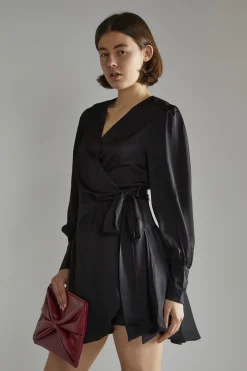 Glamorous Graduation|Satin Dresses|Black-Satin Wrap Mini-Dress -
