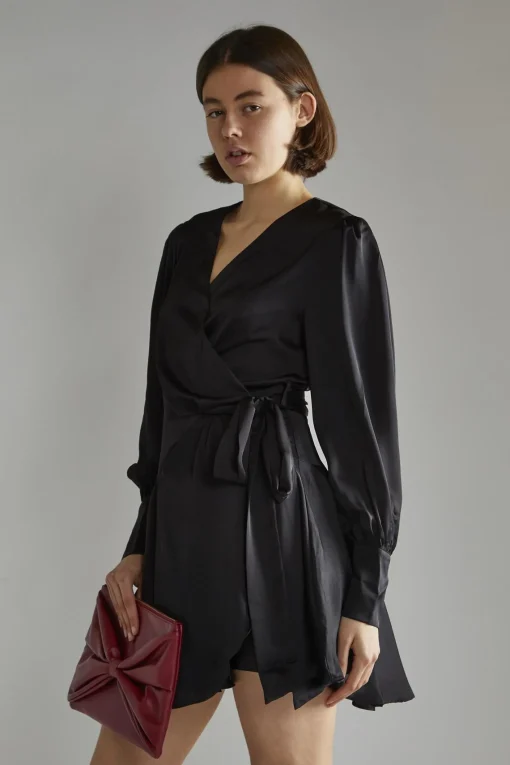 Glamorous Graduation|Satin Dresses|Black-Satin Wrap Mini-Dress -
