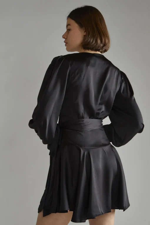 Glamorous Graduation|Satin Dresses|Black-Satin Wrap Mini-Dress -