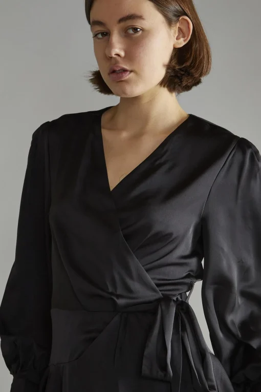 Glamorous Graduation|Satin Dresses|Black-Satin Wrap Mini-Dress -