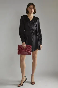Glamorous Graduation|Satin Dresses|Black-Satin Wrap Mini-Dress -