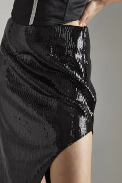 Glamorous Going Out Skirts|Glamorous Studio|Black-Sequin Asymmetric Midaxi-Skirt -