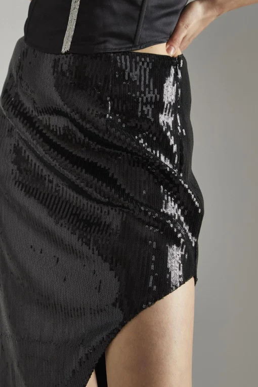 Glamorous Going Out Skirts|Glamorous Studio|Black-Sequin Asymmetric Midaxi-Skirt -