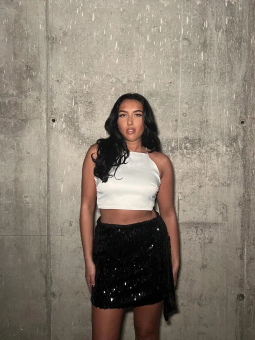 Glamorous Going Out Skirts|Mini Skirts|Black-Sequin Asymmetric-Drape Mini-Skirt -