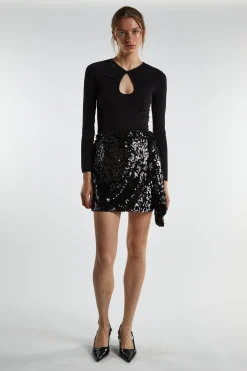 Glamorous Going Out Skirts|Mini Skirts|Black-Sequin Asymmetric-Drape Mini-Skirt -