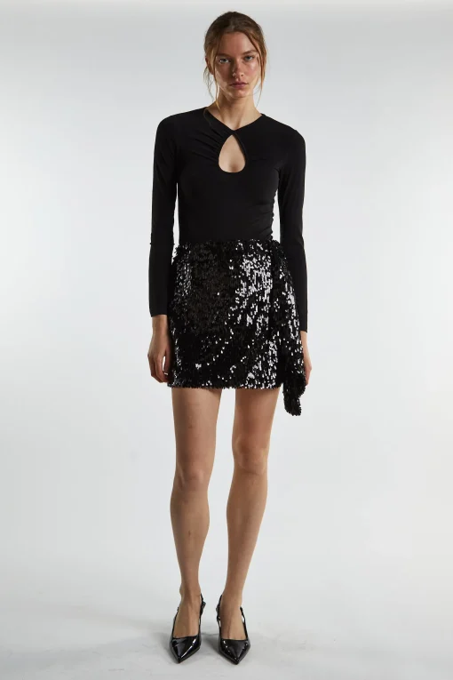 Glamorous Going Out Skirts|Mini Skirts|Black-Sequin Asymmetric-Drape Mini-Skirt -