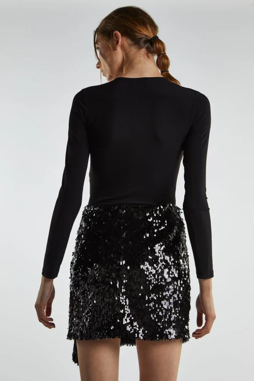Glamorous Going Out Skirts|Mini Skirts|Black-Sequin Asymmetric-Drape Mini-Skirt -