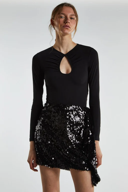 Glamorous Going Out Skirts|Mini Skirts|Black-Sequin Asymmetric-Drape Mini-Skirt -