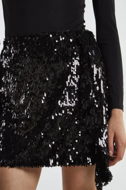 Glamorous Going Out Skirts|Mini Skirts|Black-Sequin Asymmetric-Drape Mini-Skirt -