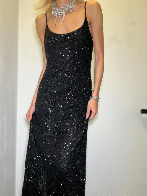 Glamorous Go To Partywear|Party Dresses|Black-Sequin Strappy Bodycon Midaxi-Dress -