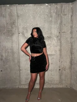 Glamorous Mini Skirts|Black-Sequin Velvet Mini Skirt -