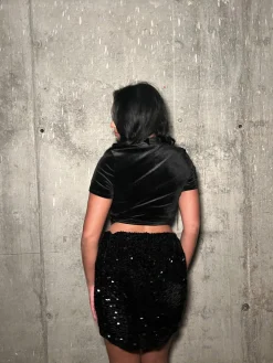 Glamorous Mini Skirts|Black-Sequin Velvet Mini Skirt -