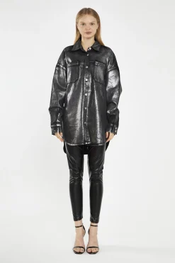 Glamorous Going Out Tops|Blouses & Shirts|Black-Silver Foil Denim Oversized-Shirt -