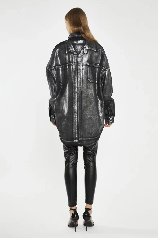 Glamorous Going Out Tops|Blouses & Shirts|Black-Silver Foil Denim Oversized-Shirt -