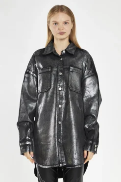 Glamorous Going Out Tops|Blouses & Shirts|Black-Silver Foil Denim Oversized-Shirt -