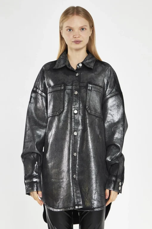 Glamorous Going Out Tops|Blouses & Shirts|Black-Silver Foil Denim Oversized-Shirt -
