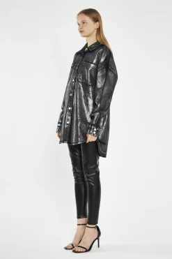 Glamorous Going Out Tops|Blouses & Shirts|Black-Silver Foil Denim Oversized-Shirt -