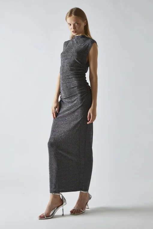Glamorous Party Dresses|Going Out Dresses|Black-Silver Glitter Ruched Midaxi-Dress -