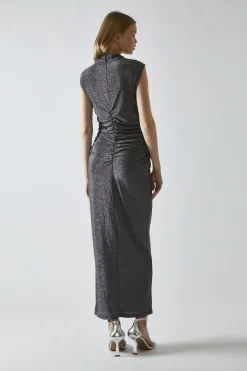 Glamorous Party Dresses|Going Out Dresses|Black-Silver Glitter Ruched Midaxi-Dress -