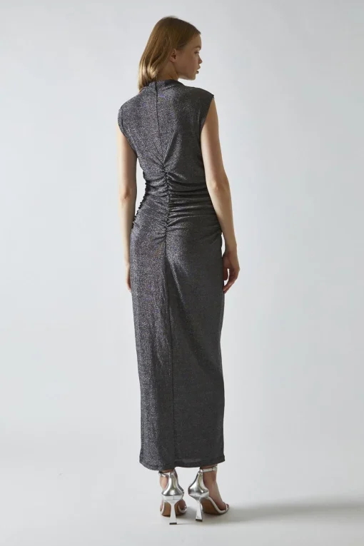 Glamorous Party Dresses|Going Out Dresses|Black-Silver Glitter Ruched Midaxi-Dress -