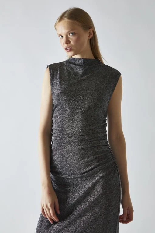 Glamorous Party Dresses|Going Out Dresses|Black-Silver Glitter Ruched Midaxi-Dress -