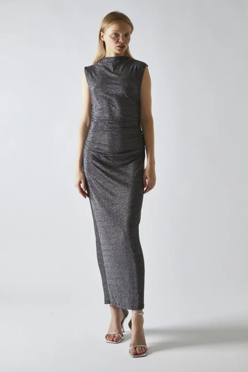 Glamorous Party Dresses|Going Out Dresses|Black-Silver Glitter Ruched Midaxi-Dress -