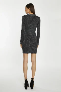 Glamorous Workwear|Day Dresses|Black-Silver Rib Button-Up Collar Mini-Dress -