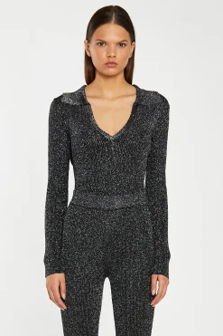 Glamorous Go To Partywear|Co-ords|Black-Silver Rib Collared V-Neck -Bodysuit -