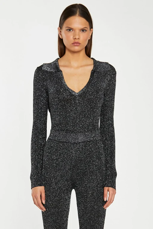Glamorous Go To Partywear|Co-ords|Black-Silver Rib Collared V-Neck -Bodysuit -