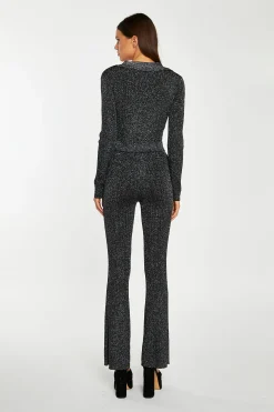 Glamorous Go To Partywear|Co-ords|Black-Silver Rib Collared V-Neck -Bodysuit -