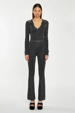 Glamorous Go To Partywear|Co-ords|Black-Silver Rib Collared V-Neck -Bodysuit -