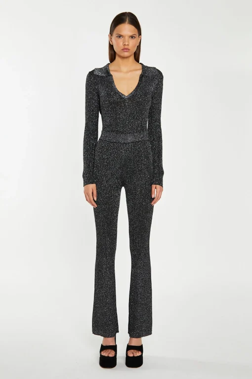 Glamorous Go To Partywear|Co-ords|Black-Silver Rib Collared V-Neck -Bodysuit -