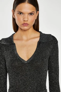 Glamorous Go To Partywear|Co-ords|Black-Silver Rib Collared V-Neck -Bodysuit -