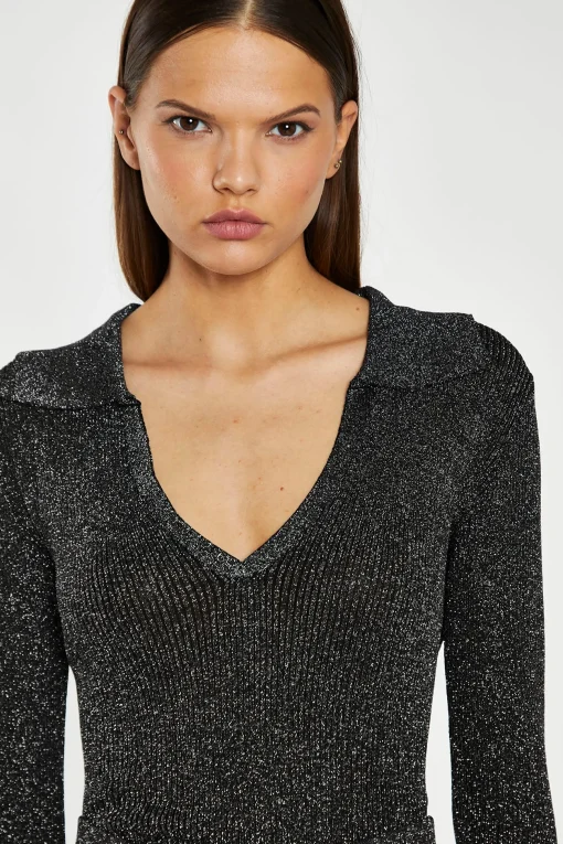 Glamorous Go To Partywear|Co-ords|Black-Silver Rib Collared V-Neck -Bodysuit -